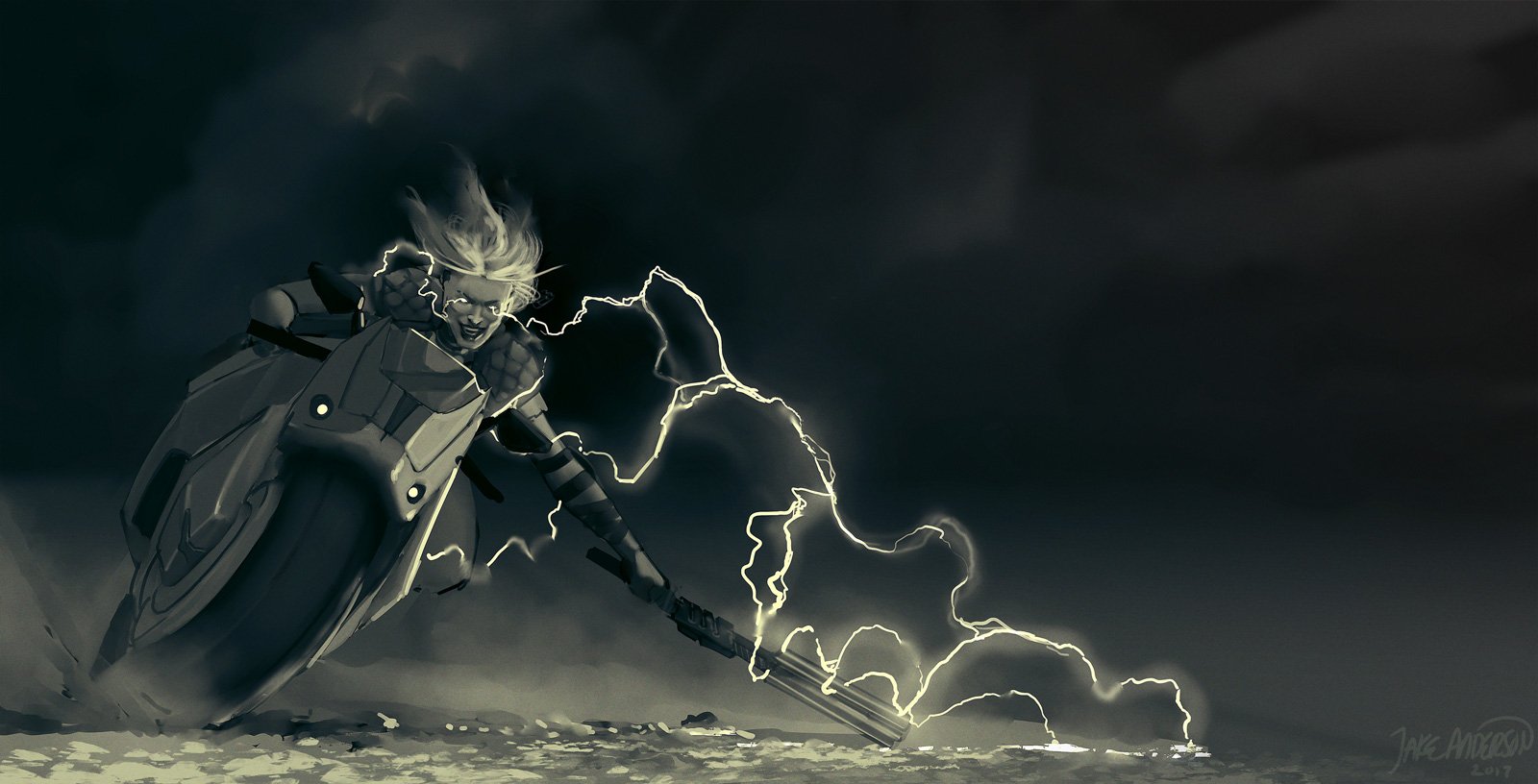 A nomadic female motorcyclist with lightning leaping from her to the ground