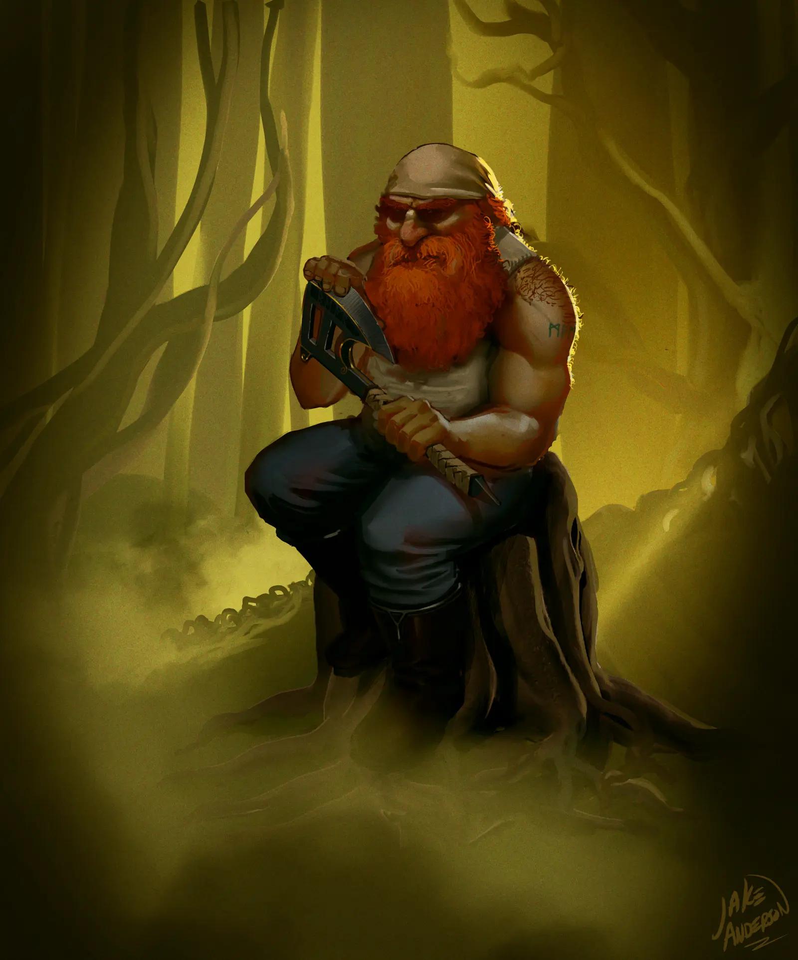 A dwarf sits eyeing the viewer