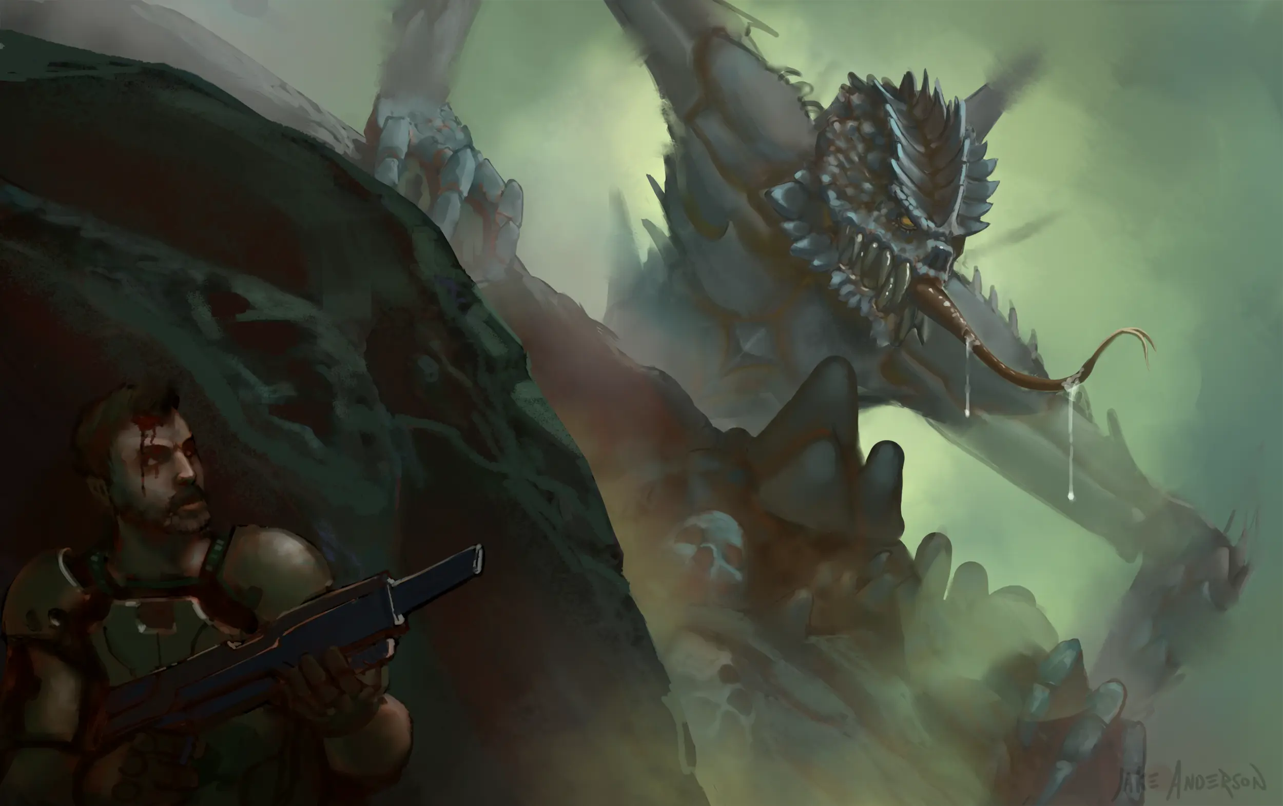A gruesome monster seeks a hiding soldier
