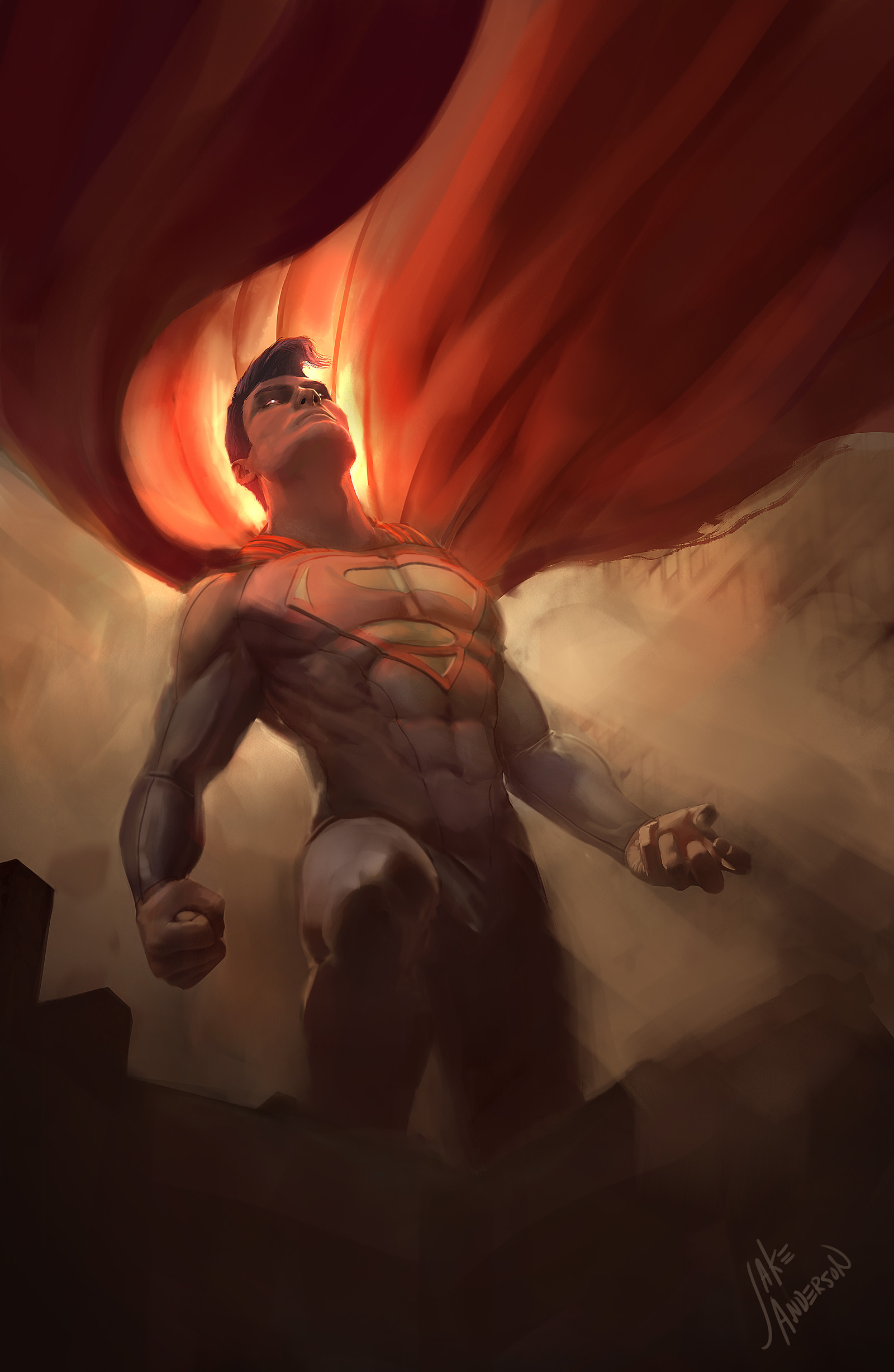 Superman staring up through dusty environment